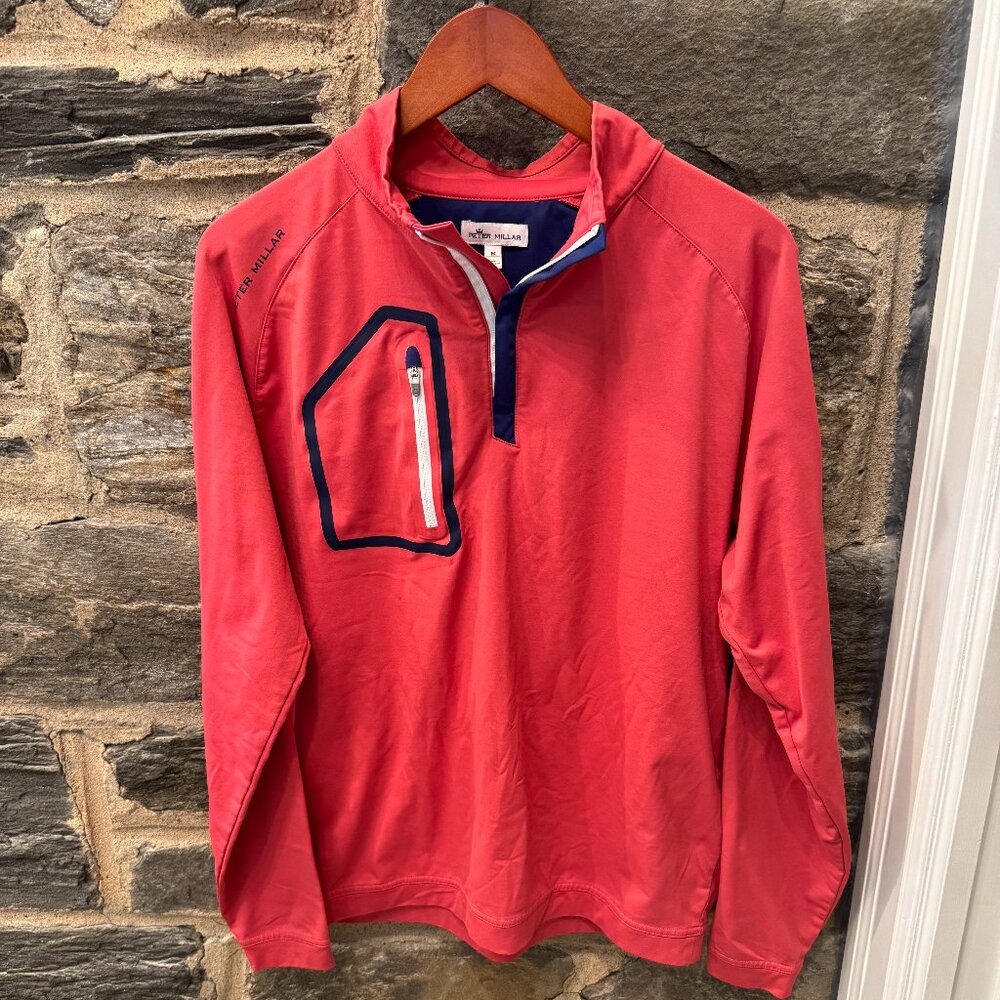 $145 Peter Millar Forge Performance Quarter-Zip Men's Medium Coral Pink navy M